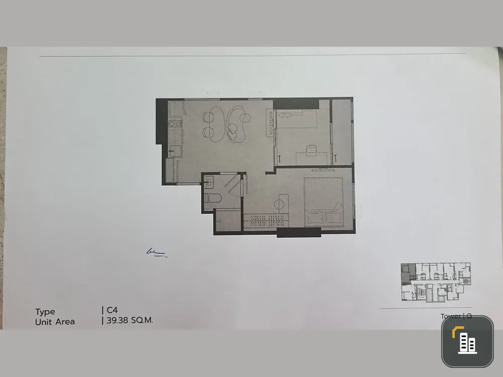 Selling down payment for COBE RATCHADA - RAMA 9, 7th floor, Building G, 39.38 sq m unit with standard movable furniture.