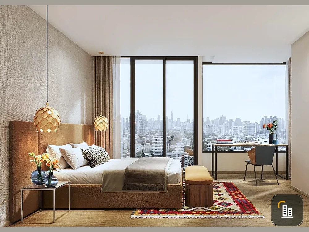 For rent: Noble Form Thonglor. The bedroom has a city view, which is great during the day, but even better at night.