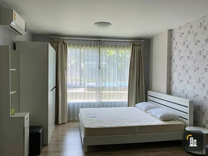 Rent D Condo Rangsit Phase 2 Studio room with pool view Add beautiful wallpaper, fully furnished, ready to move in