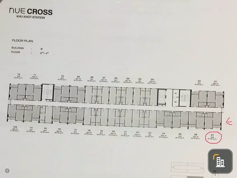 Selling down payment New Cross Khu Khot Station, Building B, 2nd floor, corner room. If interested, hurry and reserve it. Don't miss it. Hurry.