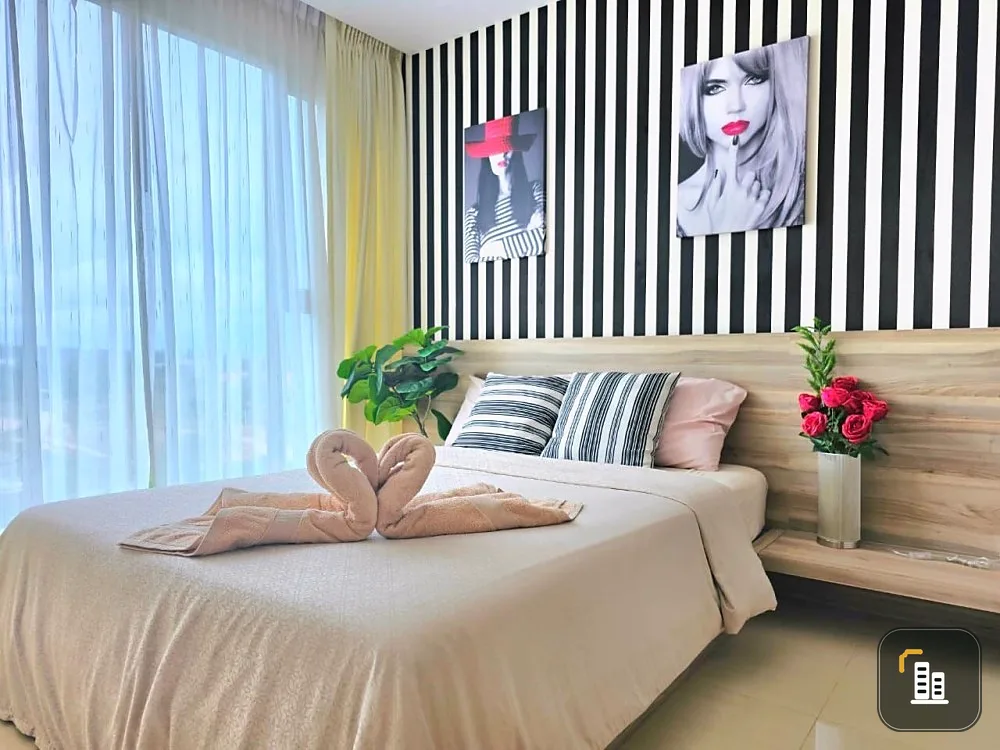 Condo for rent, The Riviera Jomtien, Pattaya, room decorated with beautiful walls, nice to live in, fully furnished, reserve now.
