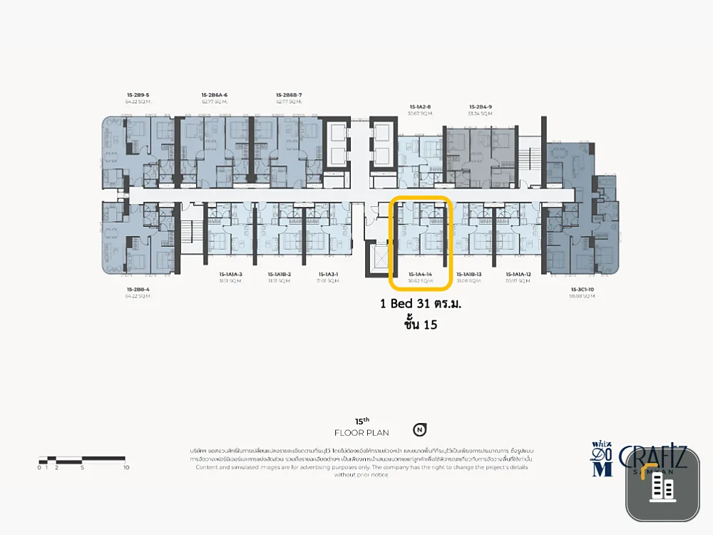 Selling down payment Wisdom Craft Samyan, 15th floor, spacious room, very good location, beautiful city view, book now!