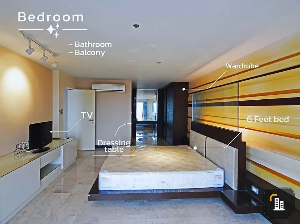 For rent, Jomtien Sea View Condominium 2 (Jomtien), very large room, sea view, nicely decorated with wallpaper, arrange it now.