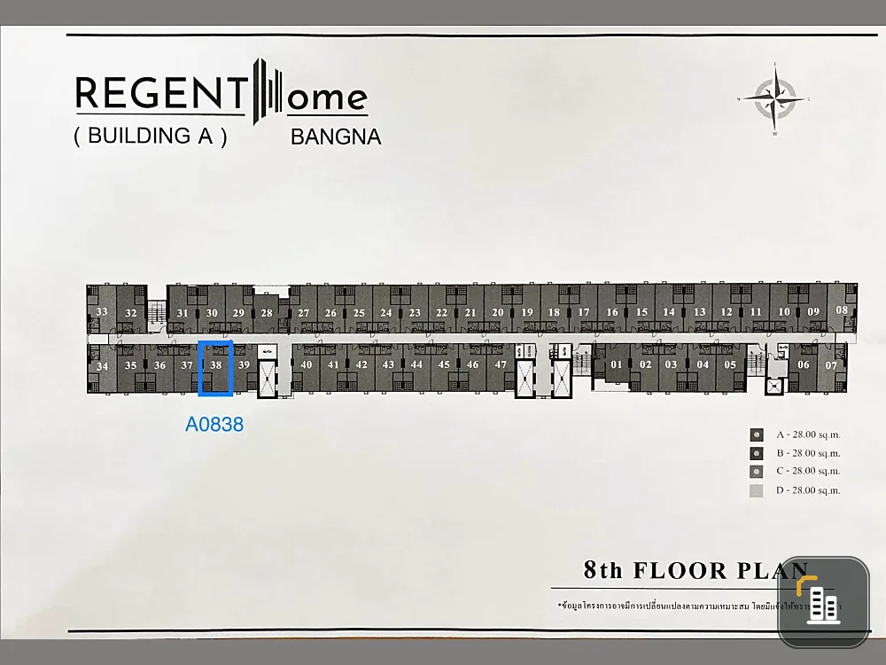 Down payment sale, Regent Home Bangna, Building A, 8th floor, size 28 sq m., open view, located in a quiet zone. Interested, reserve now!