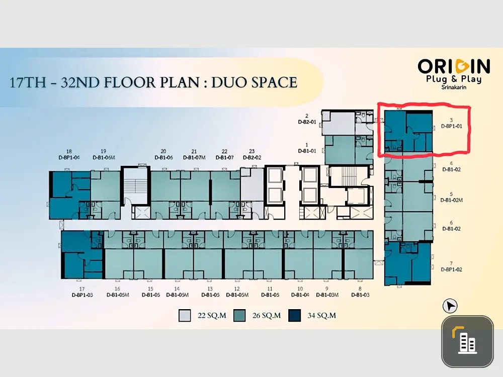 Selling down payment Origin Plug & Play Srinakarin, 17th floor, corner room, open view, no buildings blocking. If interested, hurry and reserve now. U